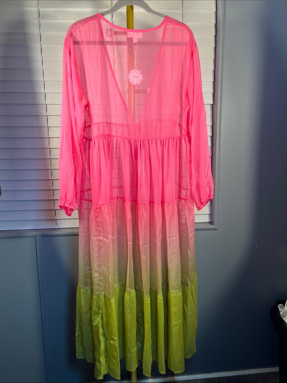 ODDY Hot Pink to Lime Ombre Tiered Maxi Dress - Picture 4 of 6